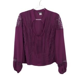 Venus Maroon Tie Front Crochet Blouse Lace Sheer Sleeve Modest Twee Blouse Small